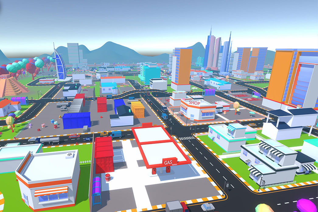 low poly cartoon city, cartoon city environment, 3d city props,